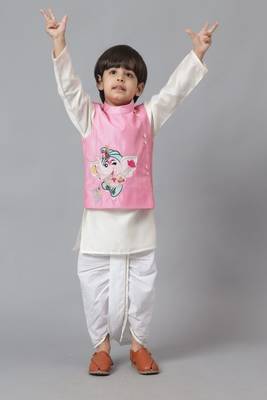 Pink ganesh embroidered jacket with kurta and dhoti set 2
