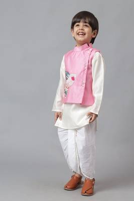 Pink ganesh embroidered jacket with kurta and dhoti set 3