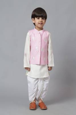 Pink embroidered jacket with kurta and dhoti set 1