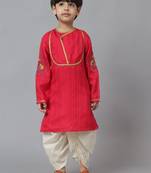 Red kurta with lace detailing and embroidery paired with dhoti