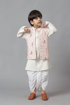 White bird embroidered jacket with silk kurta and dhoti set 2
