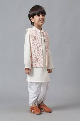 White bird embroidered jacket with silk kurta and dhoti set 3