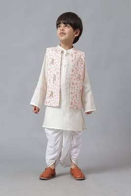 White bird embroidered jacket with silk kurta and dhoti set 4