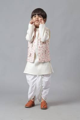 White bird embroidered jacket with silk kurta and dhoti set 1