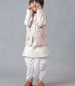 White bird embroidered jacket with silk kurta and dhoti set