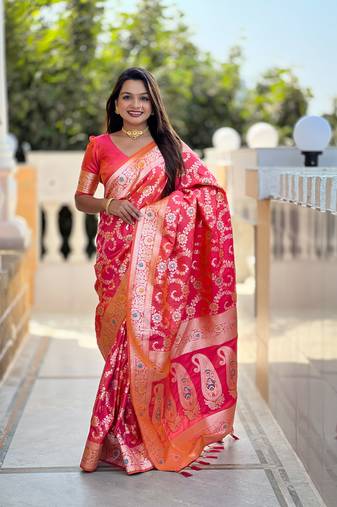 Pink meenakari banarasi zari saree with unstitched blouse piece