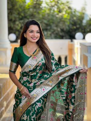Green meenakari banarasi zari saree with unstitched blouse piece 1