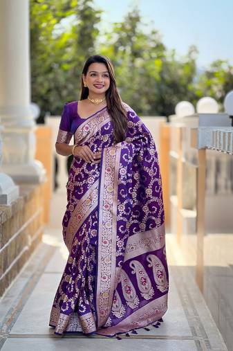 Purple meenakari banarasi zari sarees with unstitched blouse piece