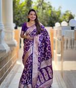 Purple meenakari banarasi zari sarees with unstitched blouse piece