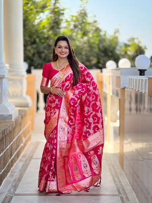 Rani pink meenakari banarasi zari saree with unstitched blouse piece 1