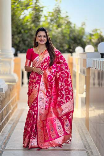 Rani pink meenakari banarasi zari saree with unstitched blouse piece
