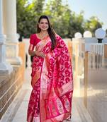 Rani pink meenakari banarasi zari saree with unstitched blouse piece