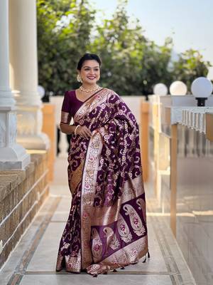 Wine meenakari banarasi zari saree with unstitched blouse piece 1