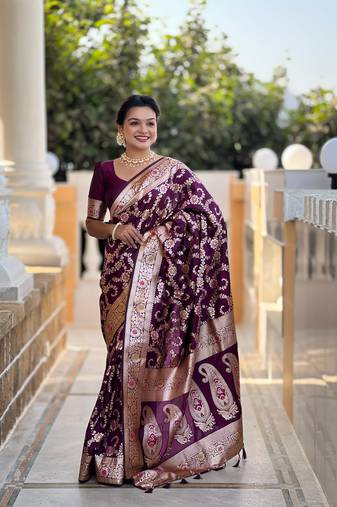Wine meenakari banarasi zari saree with unstitched blouse piece