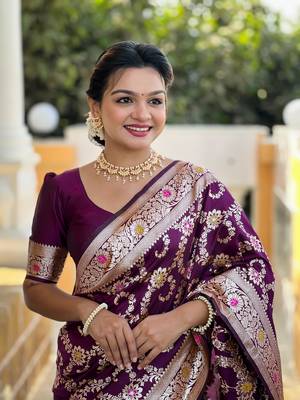 Wine meenakari banarasi zari saree with unstitched blouse piece 2