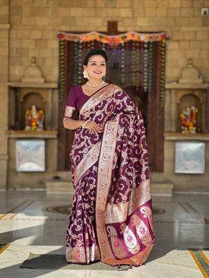 Wine meenakari banarasi zari saree with unstitched blouse piece 3