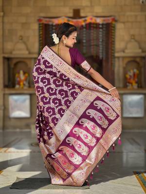 Wine meenakari banarasi zari saree with unstitched blouse piece 4