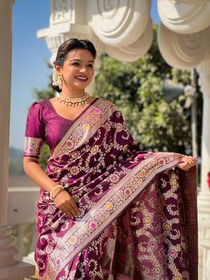 Wine meenakari banarasi zari saree with unstitched blouse piece 5