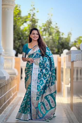 Rama meenakari banarasi zari saree with unstitched blouse piece