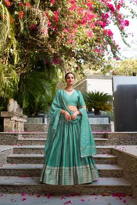 Red Chanderi Plain With Zari Weaving Work Border Fully Stitched Lehenga Blouse With Dupatta 1