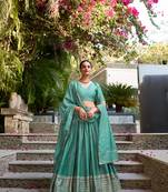 Red Chanderi Plain With Zari Weaving Work Border Fully Stitched LehengaUnstitched Blouse With Dupatta