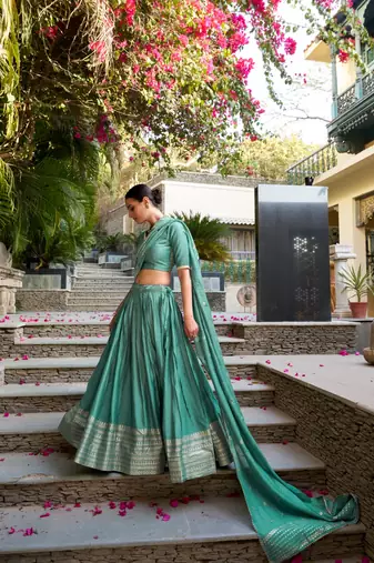 Red Chanderi Plain With Zari Weaving Work Border Fully Stitched Lehenga Blouse With Dupatta