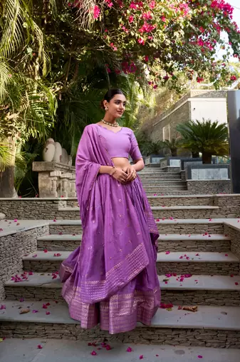 Purple Chanderi Zari Weaving Border Lehenga set with choli and dupatta With Dupatta