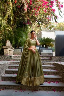 green chanderi zari weaving border Lehenga set with choli and dupatta with dupatta 1
