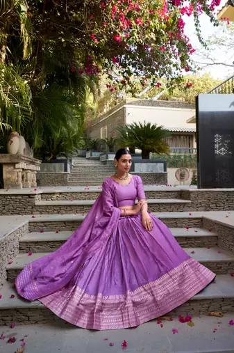 Purple Chanderi Zari Weaving Border Lehenga set with choli and dupatta With Dupatta