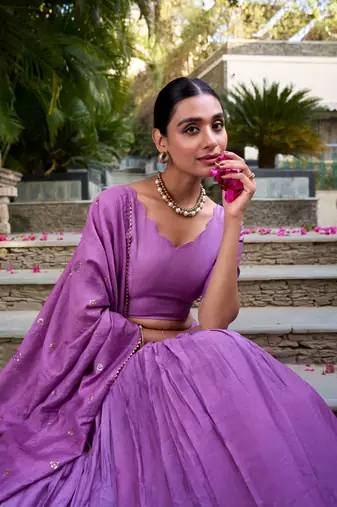 Purple Chanderi Zari Weaving Border Lehenga set with choli and dupatta With Dupatta