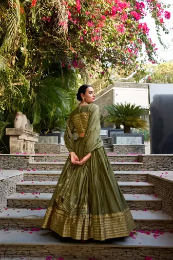 green chanderi zari weaving border Lehenga set with choli and dupatta with dupatta
