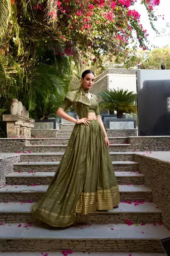 green chanderi zari weaving border Lehenga set with choli and dupatta with dupatta
