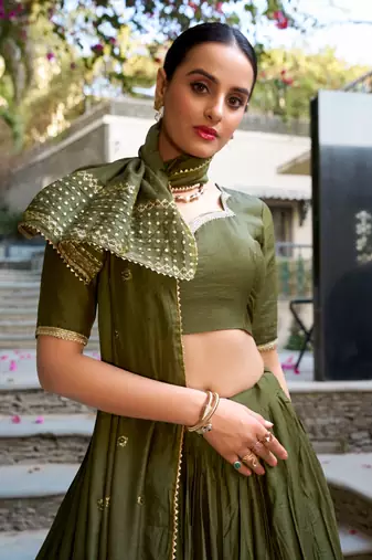 green chanderi zari weaving border Lehenga set with choli and dupatta with dupatta