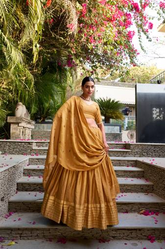 mustard chanderi zari weaving border lehenga choli with dupatta