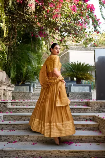 mustard chanderi zari weaving border Lehenga set with choli and dupatta with dupatta