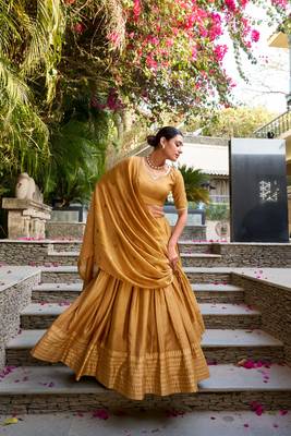 mustard chanderi zari weaving border Lehenga set with choli and dupatta with dupatta 3