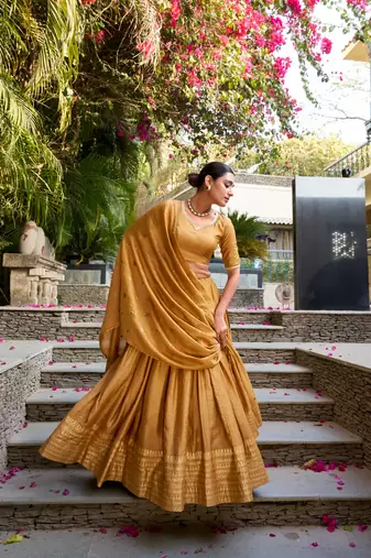 mustard chanderi zari weaving border Lehenga set with choli and dupatta with dupatta