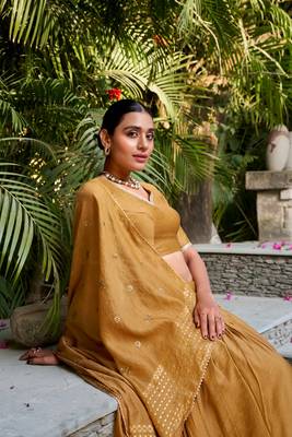 mustard chanderi zari weaving border Lehenga set with choli and dupatta with dupatta 4