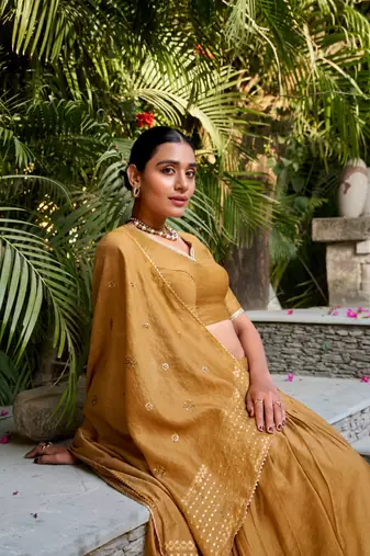 mustard chanderi zari weaving border Lehenga set with choli and dupatta with dupatta