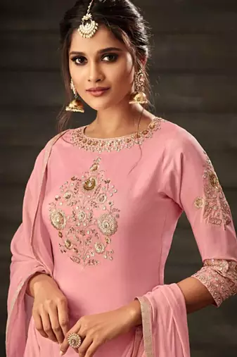 Light pink embroidery & sequins work silk salwar kameez