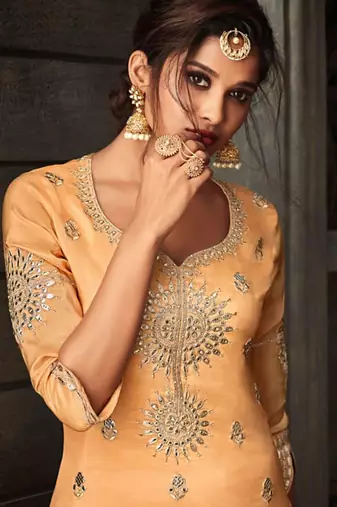 Mustard embroidery & sequins work silk salwar kameez