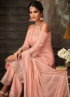 Peach embroidery & sequins work silk salwar kameez 2