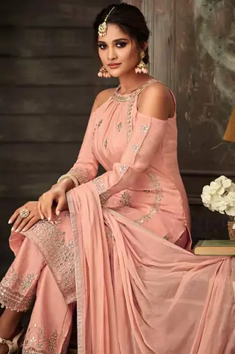 Peach embroidery & sequins work silk salwar kameez