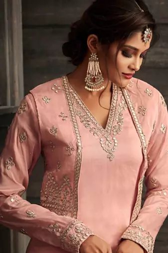 Pink embroidery & sequins work silk salwar kameez