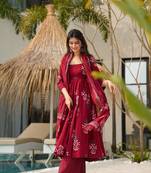 MAROON Maslin Fabric digital print work ANARKALI SUIT SET 