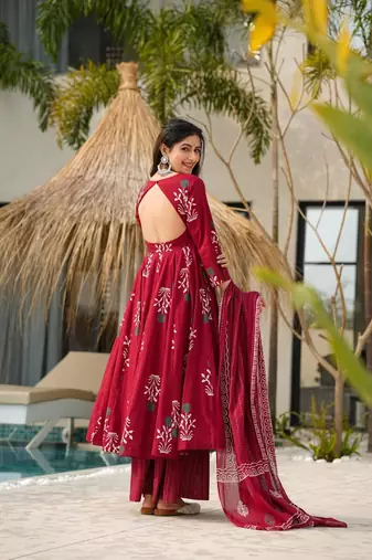 MAROON Maslin Fabric digital print work ANARKALI SUIT SET 