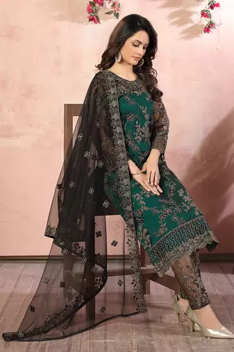 Green embroidery net straight-suits