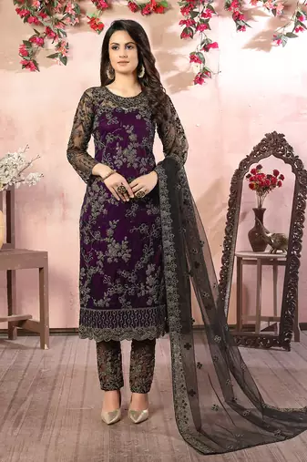 Purple embroidery net straight-suits