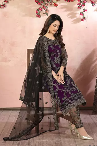 Purple embroidery net straight-suits