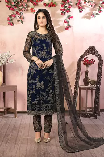 Blue embroidery net straight-suits